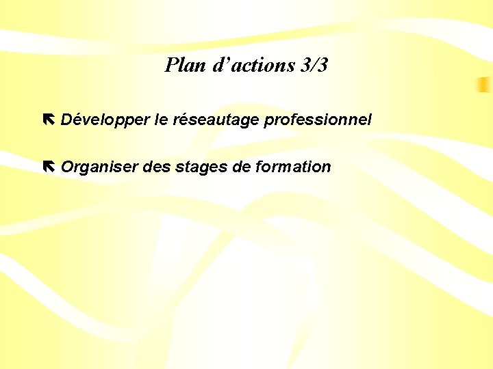 Plan d’actions 3/3 ë Développer le réseautage professionnel ë Organiser des stages de formation