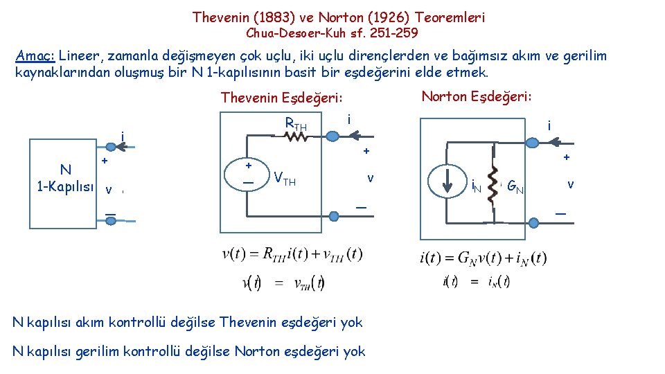 Thevenin (1883) ve Norton (1926) Teoremleri Chua-Desoer-Kuh sf. 251 -259 Amaç: Lineer, zamanla değişmeyen