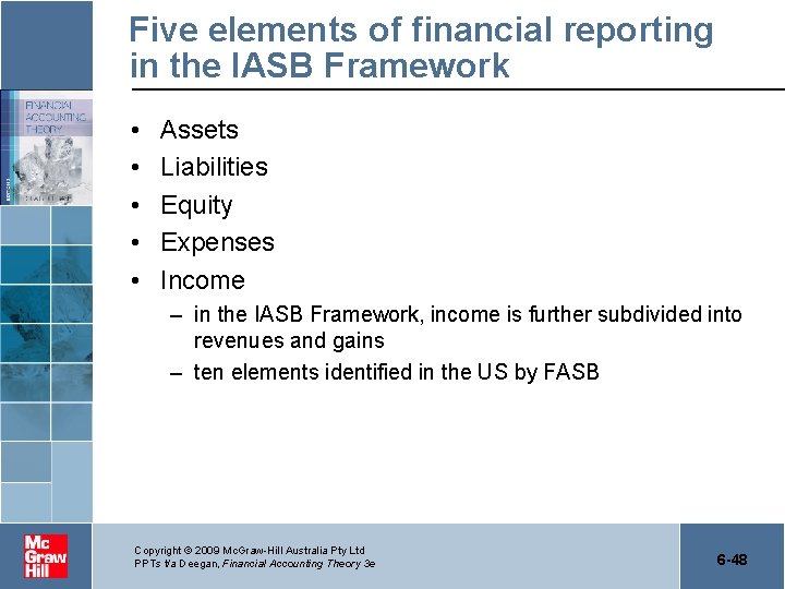 Five elements of financial reporting in the IASB Framework • • • Assets Liabilities