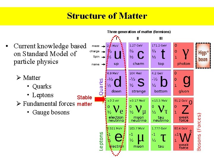 Structure of Matter Three generation of matter (fermions) I • Current knowledge based on