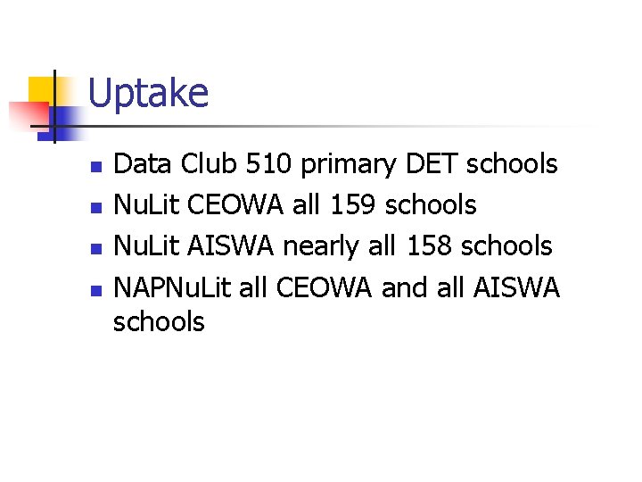 Uptake n n Data Club 510 primary DET schools Nu. Lit CEOWA all 159