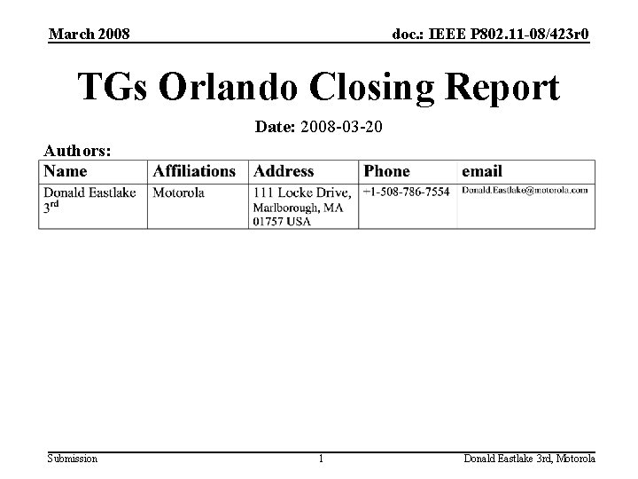 March 2008 doc. : IEEE P 802. 11 -08/423 r 0 TGs Orlando Closing