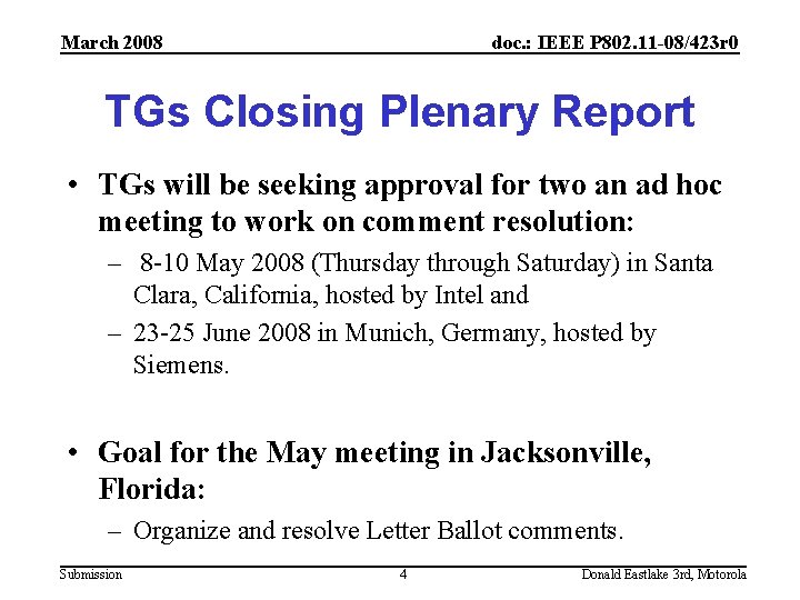 March 2008 doc. : IEEE P 802. 11 -08/423 r 0 TGs Closing Plenary