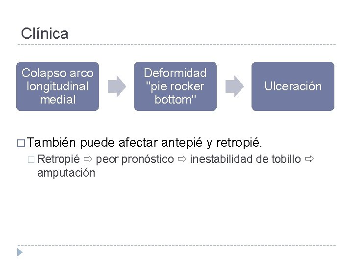 Clínica Colapso arco longitudinal medial � También Deformidad "pie rocker bottom" Ulceración puede afectar