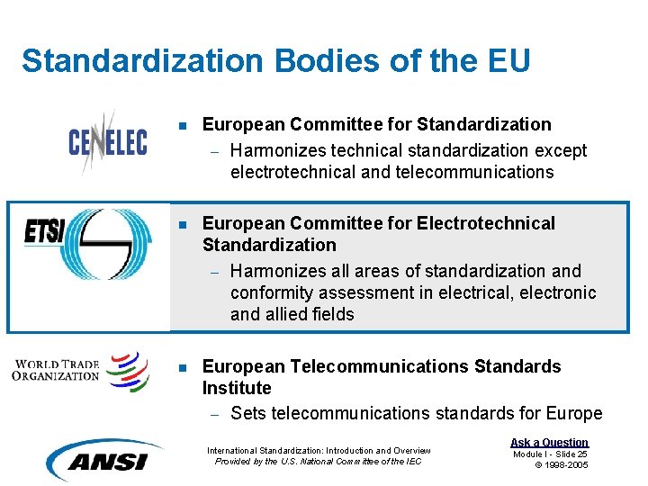 Standardization Bodies of the EU n European Committee for Standardization – Harmonizes technical standardization