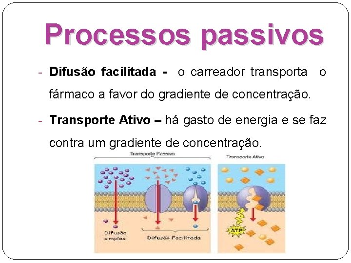 Processos passivos - Difusão facilitada - o carreador transporta o fármaco a favor do