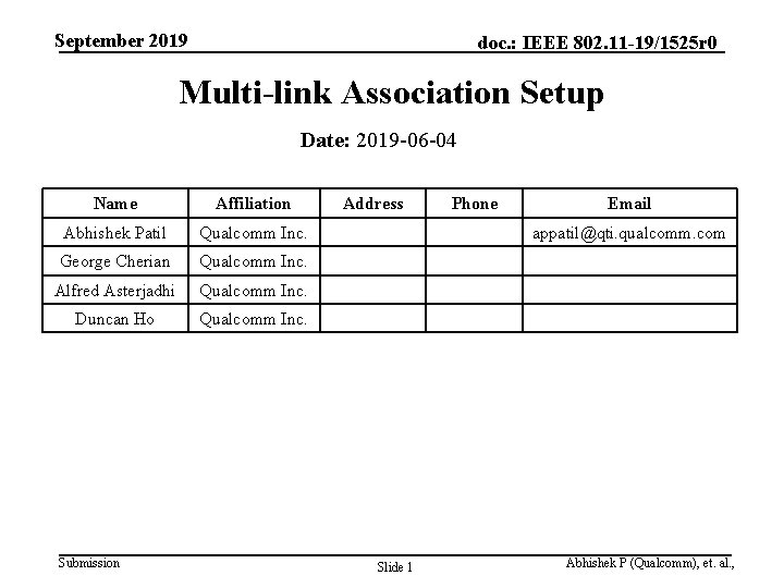 September 2019 doc. : IEEE 802. 11 -19/1525 r 0 Multi-link Association Setup Date: