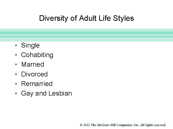 Slide 2 Diversity of Adult Life Styles • • • Single Cohabiting Married Divorced