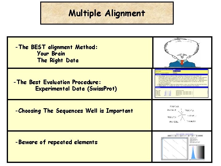 Multiple Alignment -The BEST alignment Method: Your Brain The Right Data -The Best Evaluation