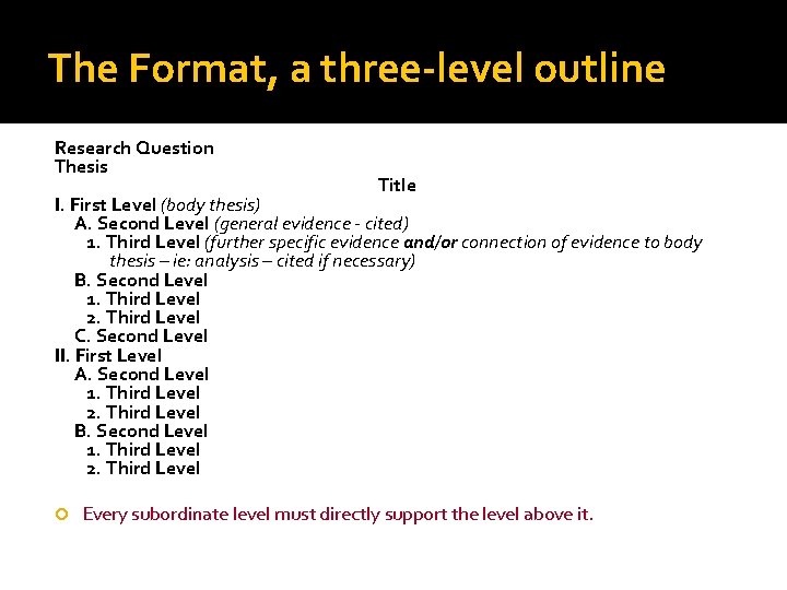 The Format, a three-level outline Research Question Thesis Title I. First Level (body thesis)