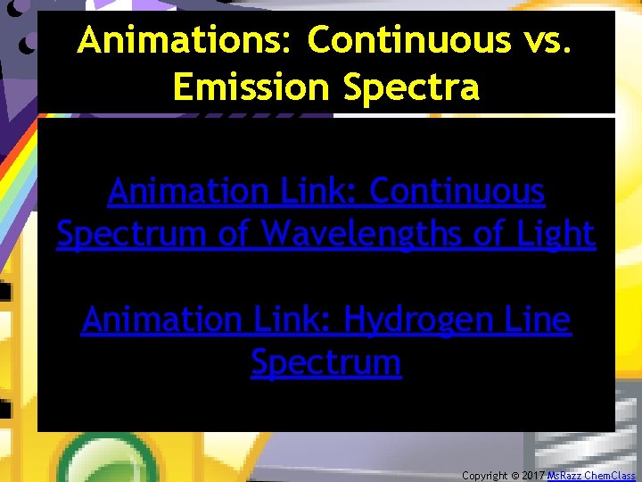 Animations: Continuous vs. Emission Spectra Animation Link: Continuous Spectrum of Wavelengths of Light Animation