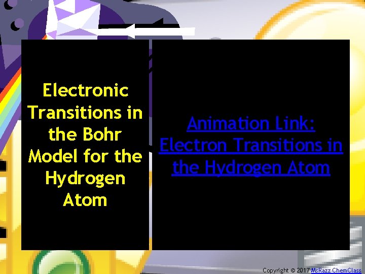 Electronic Transitions in Animation Link: the Bohr Electron Transitions in Model for the Hydrogen