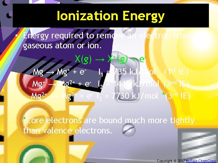Ionization Energy • Energy required to remove an electron from a gaseous atom or