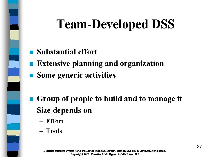 Team-Developed DSS n n Substantial effort Extensive planning and organization Some generic activities Group
