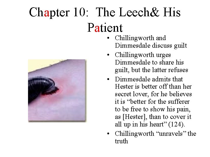 Chapter 10: The Leech& His Patient • Chillingworth and Dimmesdale discuss guilt • Chillingworth