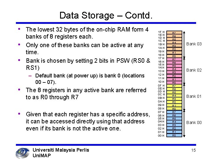 Data Storage – Contd. • • • The lowest 32 bytes of the on-chip