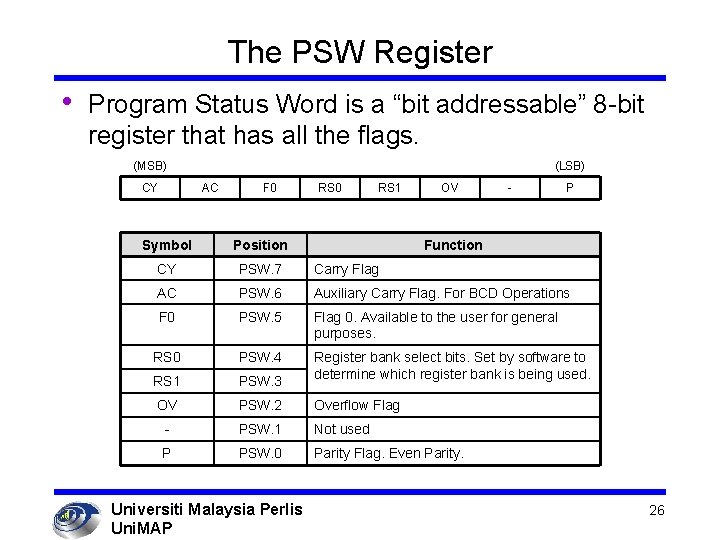 The PSW Register • Program Status Word is a “bit addressable” 8 -bit register