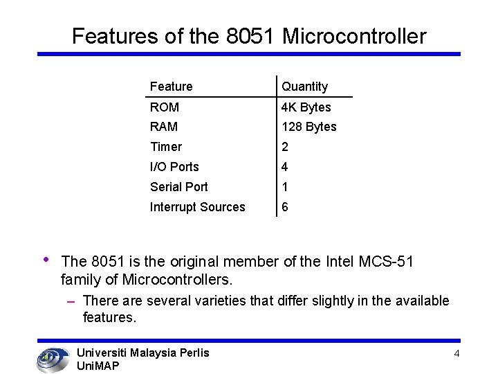 Features of the 8051 Microcontroller • Feature Quantity ROM 4 K Bytes RAM 128