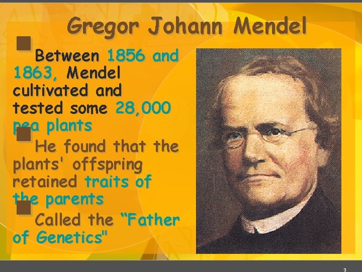 § Gregor Johann Mendel Between 1856 and 1863, Mendel cultivated and tested some 28,