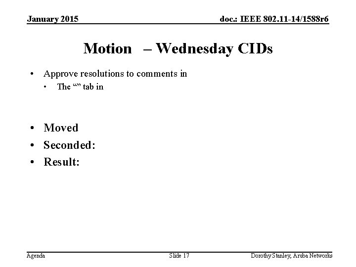 January 2015 doc. : IEEE 802. 11 -14/1588 r 6 Motion – Wednesday CIDs