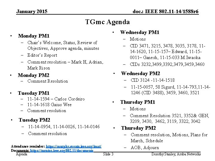 January 2015 doc. : IEEE 802. 11 -14/1588 r 6 TGmc Agenda • Monday