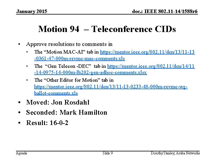 January 2015 doc. : IEEE 802. 11 -14/1588 r 6 Motion 94 – Teleconference