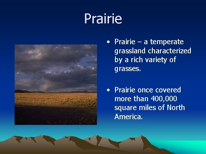 Prairie • Prairie – a temperate grassland characterized by a rich variety of grasses.