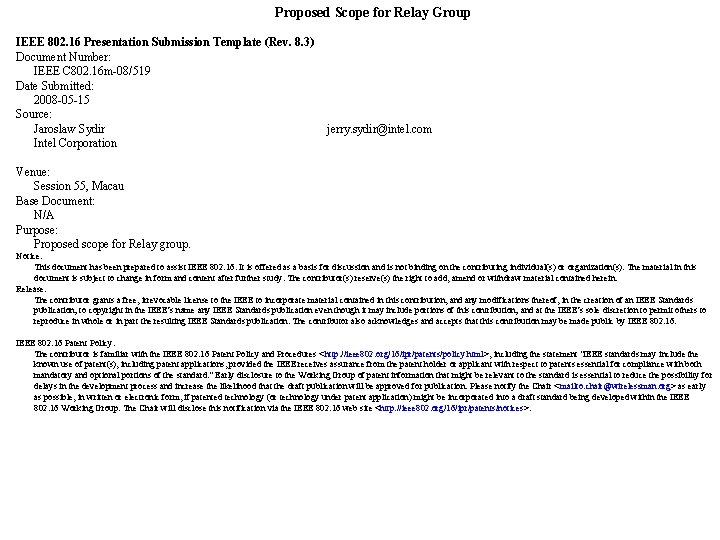 Proposed Scope for Relay Group IEEE 802 16