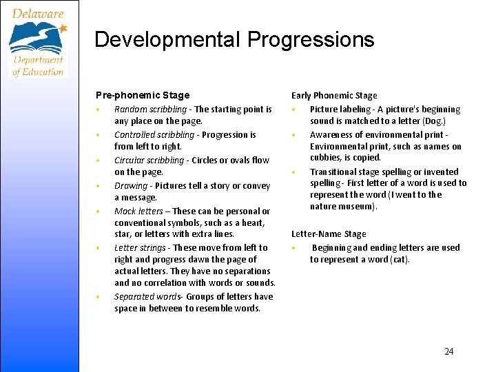 Developmental Progressions Pre-phonemic Stage • Random scribbling - The starting point is any place