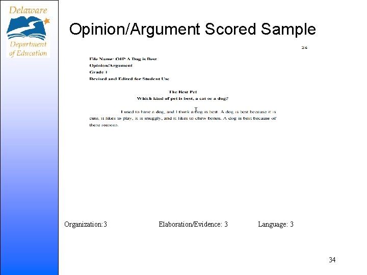 Opinion/Argument Scored Sample Organization: 3 Elaboration/Evidence: 3 Language: 3 34 