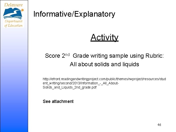 Informative/Explanatory Activity Score 2 nd Grade writing sample using Rubric: All about solids and