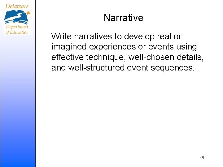 Narrative Write narratives to develop real or imagined experiences or events using effective technique,