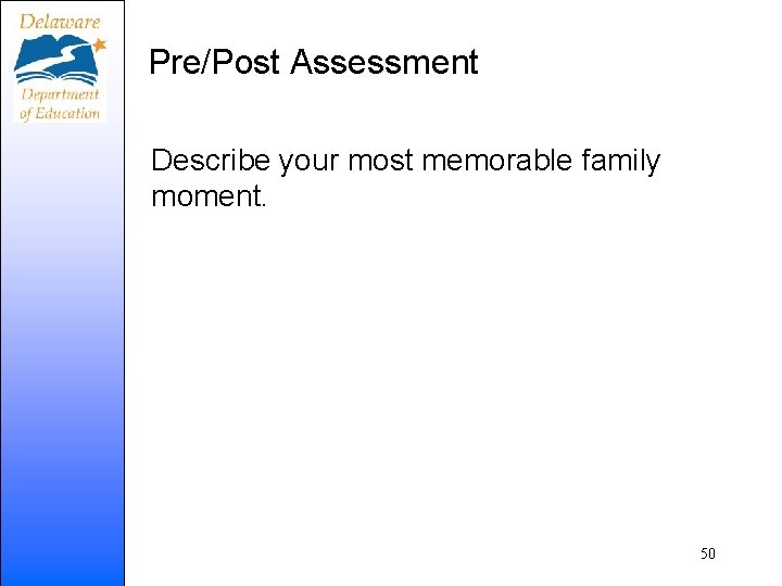 Pre/Post Assessment Describe your most memorable family moment. 50 