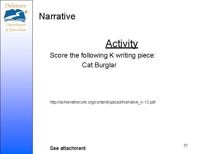 Narrative Activity Score the following K writing piece: Cat Burglar http: //achievethecore. org/content/upload/Narrative_K-12. pdf