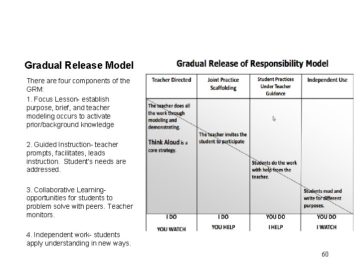 Gradual Release Model There are four components of the GRM: 1. Focus Lesson- establish