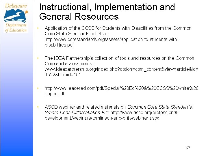 Instructional, Implementation and General Resources • Application of the CCSS for Students with Disabilities