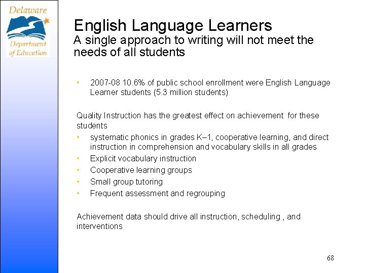 English Language Learners A single approach to writing will not meet the needs of
