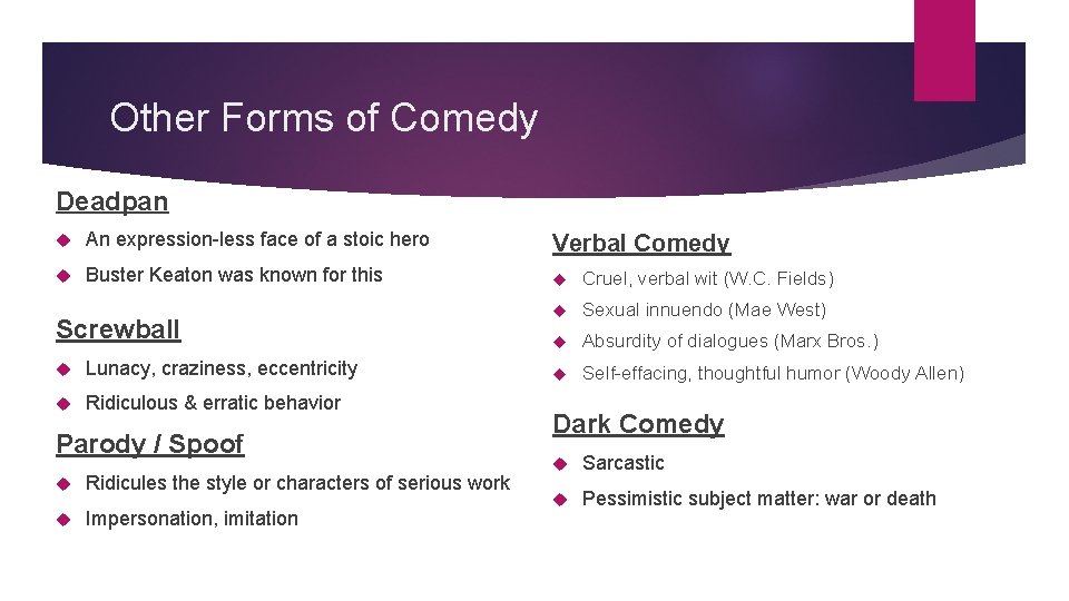 Other Forms of Comedy Deadpan An expression-less face of a stoic hero Verbal Comedy