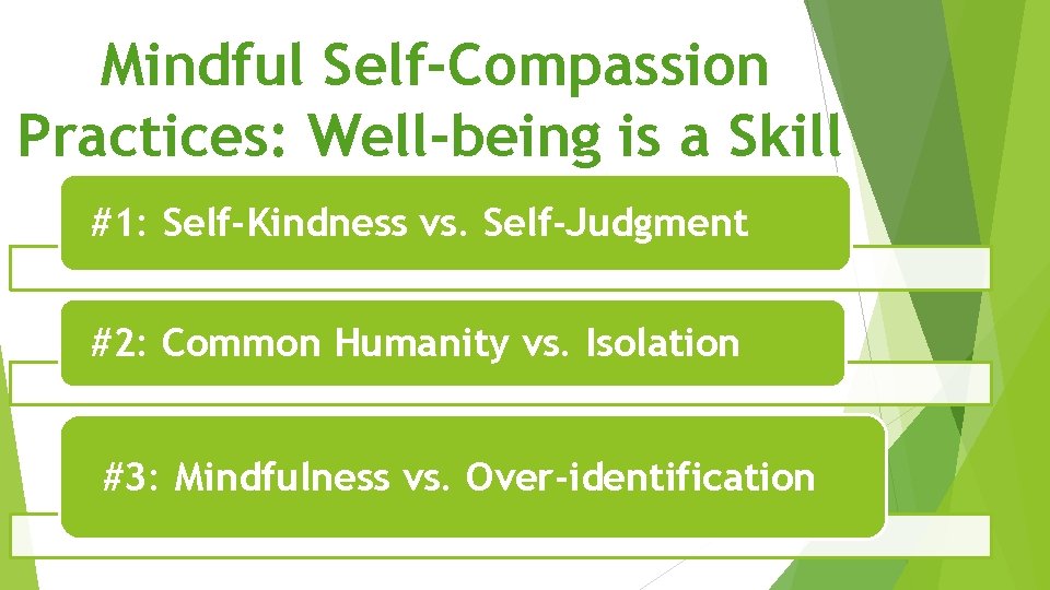 Mindful Self-Compassion Practices: Well-being is a Skill #1: Self-Kindness vs. Self-Judgment #2: Common Humanity