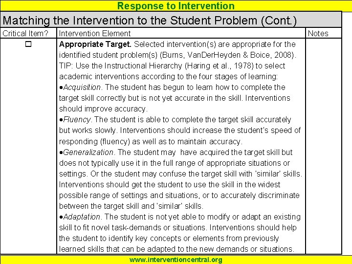 Response to Intervention Matching the Intervention to the Student Problem (Cont. ) Critical Item?