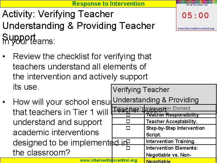 Response to Intervention Activity: Verifying Teacher Understanding & Providing Teacher Support In your teams: