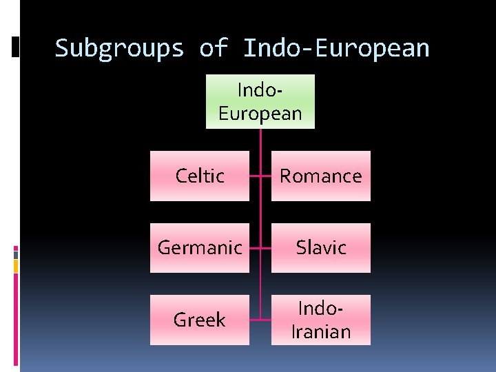 Subgroups of Indo-European Indo. European Celtic Romance Germanic Slavic Greek Indo. Iranian 
