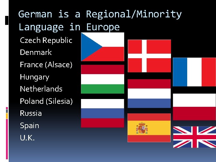 German is a Regional/Minority Language in Europe Czech Republic Denmark France (Alsace) Hungary Netherlands