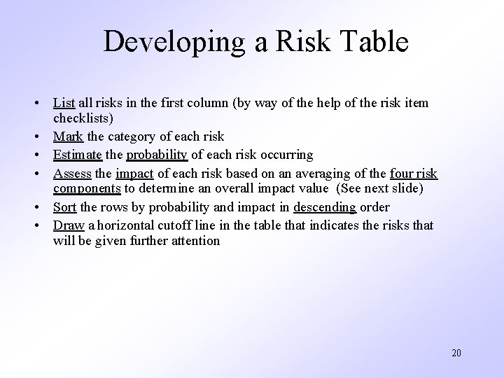 Developing a Risk Table • List all risks in the first column (by way Developing a Risk Table • List all risks in the first column (by way
