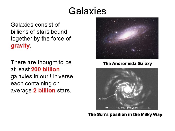 Galaxies consist of billions of stars bound together by the force of gravity. There