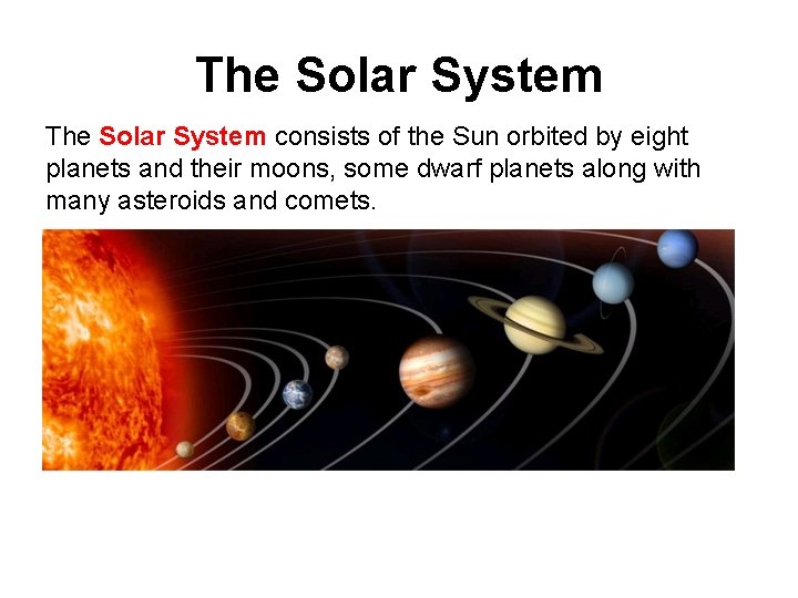 The Solar System consists of the Sun orbited by eight planets and their moons,