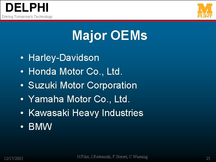 DELPHI Driving Tomorrow’s Technology Major OEMs • • • 12/17/2003 Harley-Davidson Honda Motor Co.