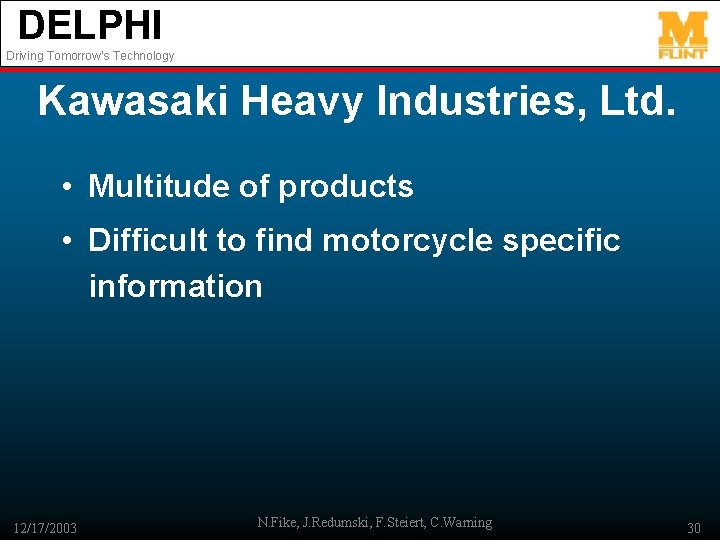 DELPHI Driving Tomorrow’s Technology Kawasaki Heavy Industries, Ltd. • Multitude of products • Difficult