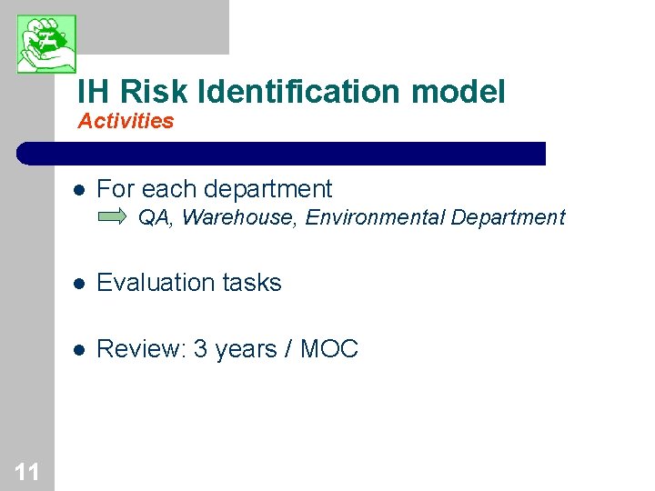 IH Risk Identification model Activities l For each department QA, Warehouse, Environmental Department 11
