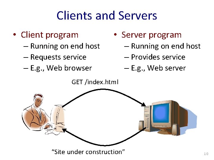 Clients and Servers • Client program • Server program – Running on end host